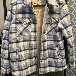 Sage Blue & White Plaid Sherpa-Lined Utility Jacket